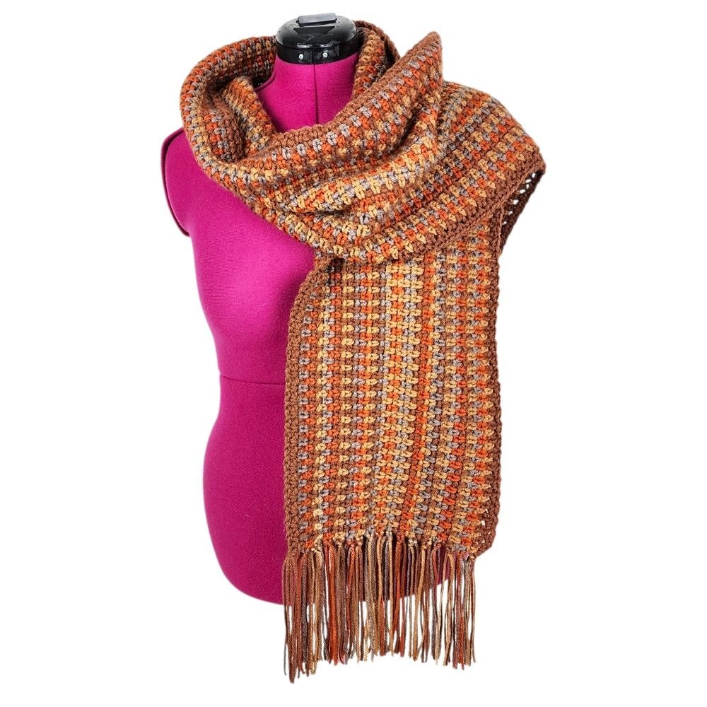 New Handmade Crochet Scarf Fringe Orange Brown Earth Tones Boho Wrap